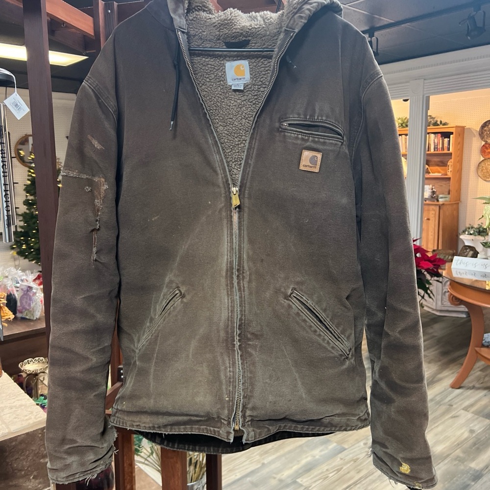 Vintage Distressed Carhartt Men's Brown Hooded Jacket  fleece lined